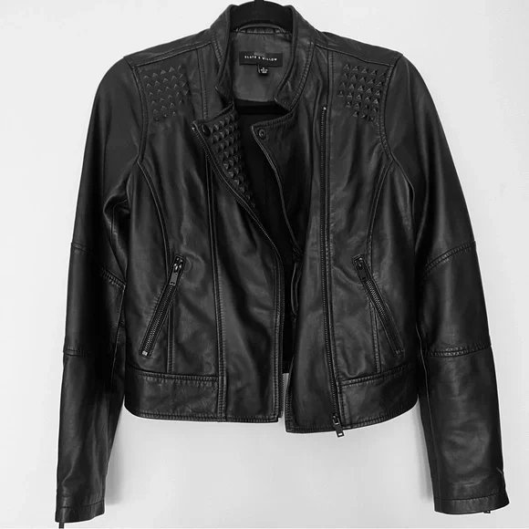 Slate & Willow Embossed Studs Moto Black 100% Leather Jacket Zipper Pockets XS/S - Picture 6 of 16